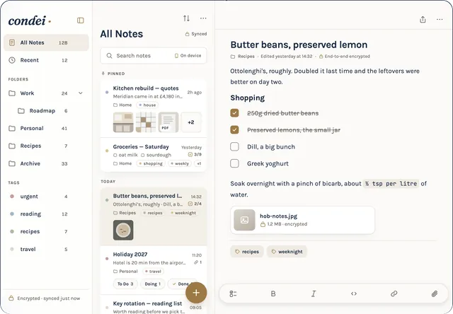 Condei on iPad with the note list beside an open note