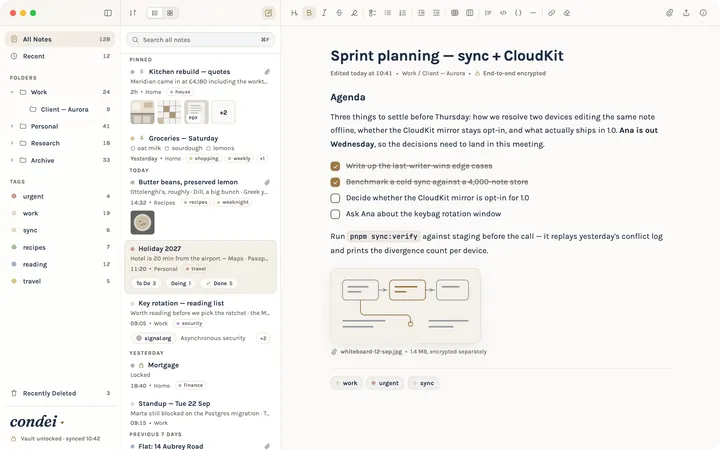 Condei on Mac with folders, notes and an open note