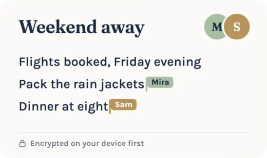 A shared note called “Weekend away”, edited by two people: each line they are writing carries their name. Encrypted on your device first.